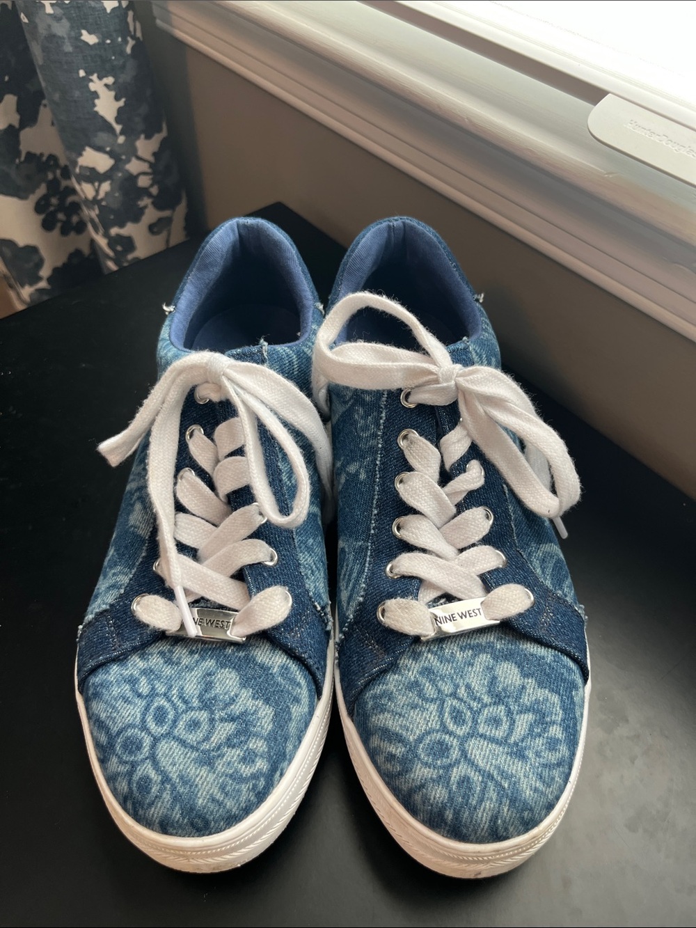 Nine West Denim Floral Lace-Up Sneakers in Blue and White